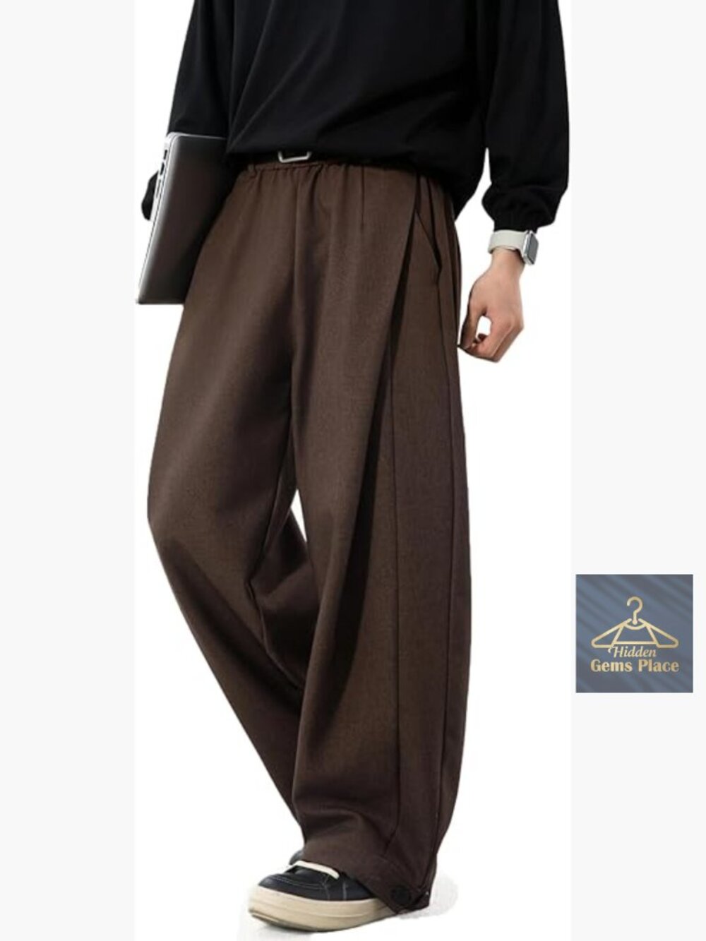 Men's Pleated Wide Leg Baggy Trousers Elastic Waist Casual Pants with Pockets